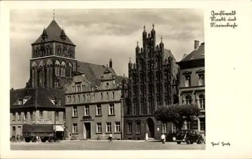Ak Hansestadt Greifswald, Markt, Marienkirche