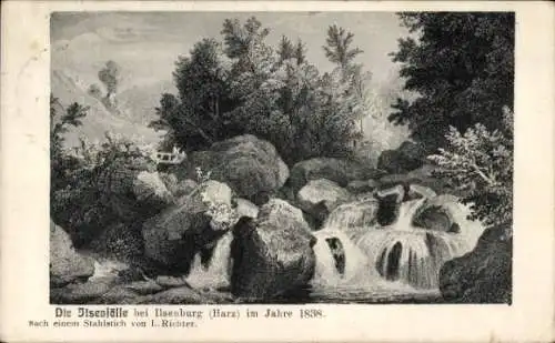 Ak Ilsenburg im Harz, Ilsenfälle im Jahr 1838, nach einem Stahlstich von L. Richter