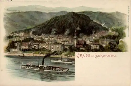 Litho Bad Schandau an der Elbe, Gesamtansicht, Elbdampfer