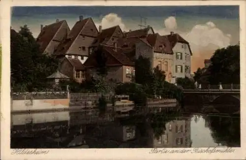 Ak Hildesheim in Niedersachsen, Häuser an der Bischofsmühle, Brücke