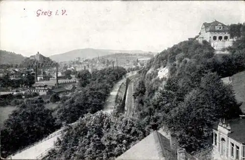 Ak Greiz in Thüringen, Teilansicht der Stadt, Bahnstrecke