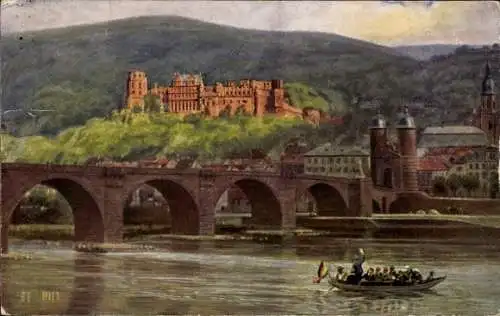 Künstler Ak Hoffmann, H., Heidelberg am Neckar, alte Brücke, Schloss, Boot, Fahne