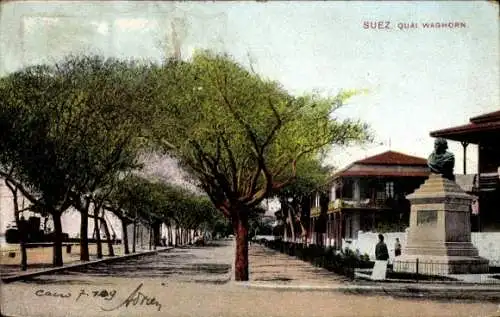 Ak Suez Ägypten, Waghorn Quay, Promenade am Hafen, Statue