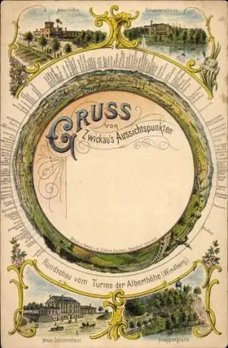 Litho Zwickau in Sachsen, Rundschau vom Turm der Albertshöhe, Windberg, Schützenhaus, Knappengrund