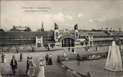 Ak Zwickau in Sachsen,  Gewerbe- und Industrie-Ausstellung 1906, Haupthalle mit Fontaine