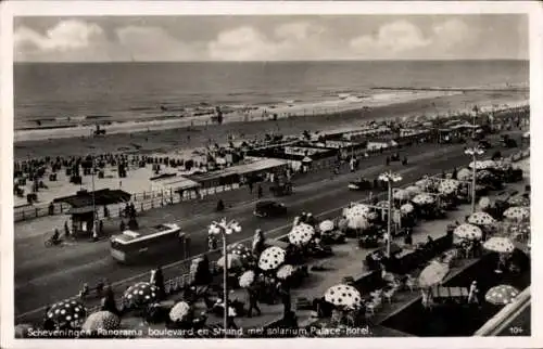 Ak Scheveningen Den Haag Südholland, Panorama boulevard en Strand met solarium Palace Hotel