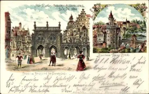 Litho Berlin, Gewerbeausstellung 1896, Spandauer Straße, Gerichtslaube, Spandauer Tor, Brücke