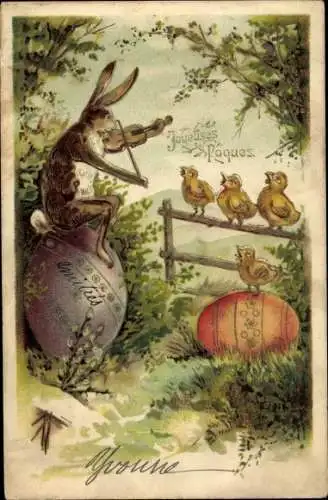 Präge Litho Glückwunsch Ostern, Osterhase spielt Geige, Singende Küken, Ostereier