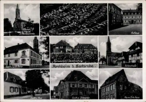 Ak Forchheim Rheinstetten in Baden, Fliegeraufnahme, St. Martinskirche, Rathaus, Adlerstraße, Schule