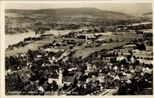 Ak Oehningen Öhningen am Untersee Baden, Fliegeraufnahme mit Stein am Rhein und Insel Werd