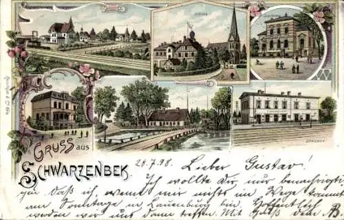 Litho Schwarzenbek in Lauenburg, Kirche, Schule, Bahnhof, Sparkasse