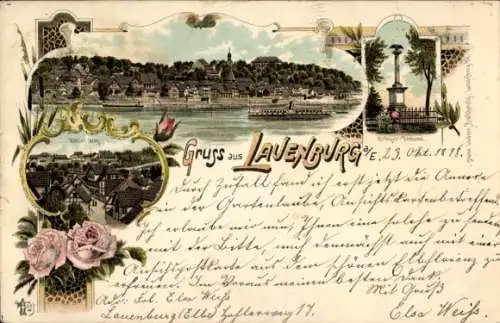 Litho Lauenburg an der Elbe, Kriegerdenkmal, Blick auf den Ort, Rosen