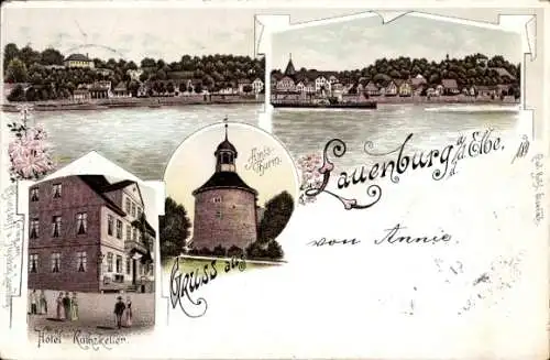 Litho Lauenburg in Schleswig Holstein, Hotel Ratskeller, Amtsturm, Flusspartie