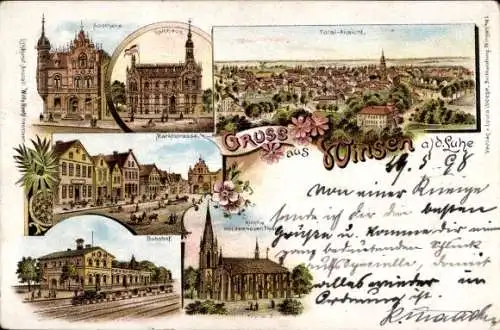 Litho Winsen an der Luhe, Apotheke, Rathaus, Marktstraße, Bahnhof, Kirche, Totale