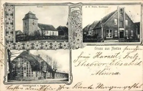 Ak Neetze in der Lüneburger Heide, Kirche, Gastwirtschaft Sander, Kaufmann J. H. Stolte