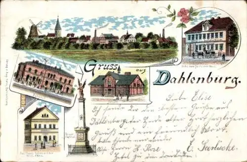 Litho Dahlenburg in der Lüneburger Heide, Teilansicht, Windmühle, Bahnhof, Hotel Deutsches Haus