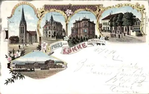 Litho Löhne in Westfalen, Kirche, Villa Meier, Bahnhofshotel, Bahnhof, Gleisansicht