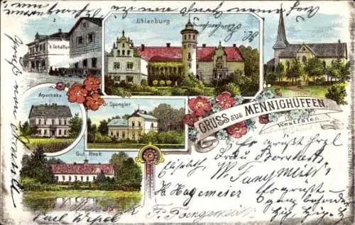 Ak Mennighüffen Löhne in Westfalen, Apotheke, Uhlenburg, Kirche, Gut Beek