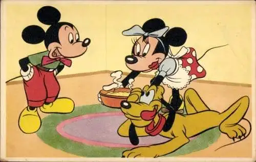 Ak Walt Disney, Micky Maus, Minnie, Pluto, Leckeres Essen