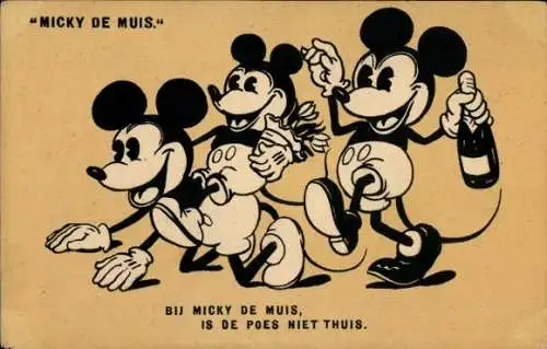 Ak Walt Disney, Micky Maus, Gratulanten, Sektflasche, Blumen