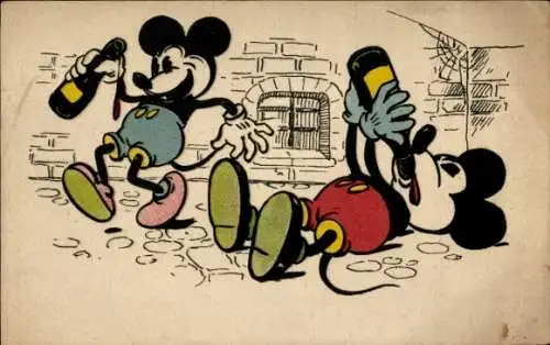 Ak Walt Disney, Micky Maus, Trinkt bis sie am Boden liegt