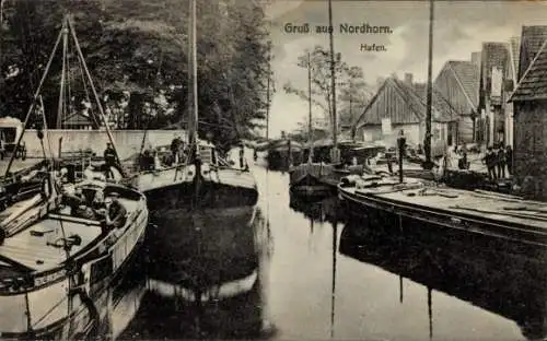 Ak Nordhorn in der Grafschaft Bentheim, Hafen, Lastkähne