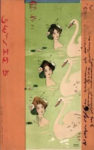 Künstler Litho Kirchner, R., Geisha, Frauen und Schwäne im Wasser