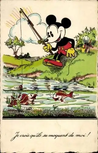 Ak Walt Disney, Micky Maus beim Angeln, Fluss, Fische, Angelrute