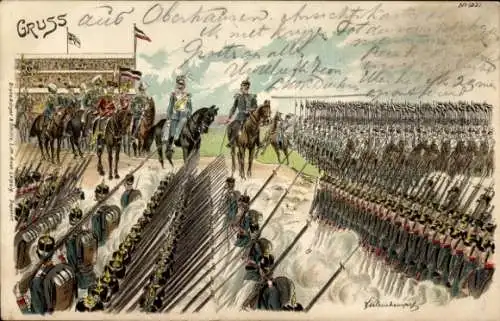 Litho Deutsche Soldaten in Uniformen, Parade, Heerführer, Fahnen, Kaiserzeit