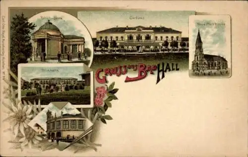 Litho Bad Hall in Oberösterreich, Kurhaus, Trinkhalle, Pfarrkirche, Theater