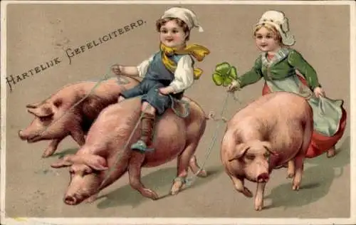 Präge Ak Glückwunsch, Kinder, Schweine, Glücksklee