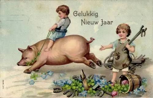 Präge Ak Glückwunsch Neujahr, Junge reitet auf einem Schwein, Klee, Hufeisen