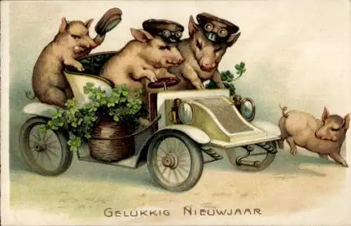 Präge Ak Glückwunsch Neujahr, Schweine, Kleeblätter, Auto