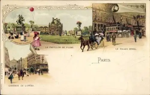 Litho Paris I., Le Pavillon de Flore, Le Palais Royal, Avenue de l'Opera