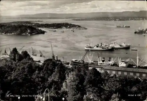 Ak Oslo Norwegen, Panorama, Blick vom Ekeberg, Schiffe