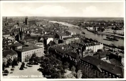 Ak Magdeburg, Blick vom Dom über die Stadt, Elbe, Lastkähne