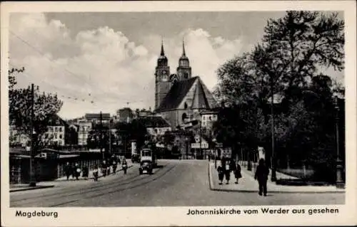 Ak Magdeburg an der Elbe, Johanniskirche vom Werder aus gesehen