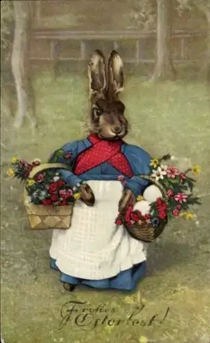 Ak Glückwunsch Ostern, Häsin mit Körbin, vermenschlichter Hase