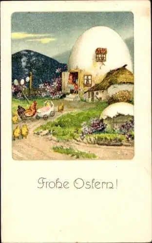 Ak Glückwunsch Ostern, Küken, Osterei-Wohnhaus