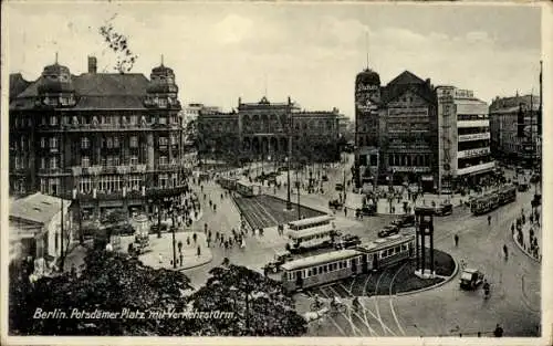 Ak Berlin Tiergarten, Potsdamer Platz, Verkehrsturm, Straßenbahn