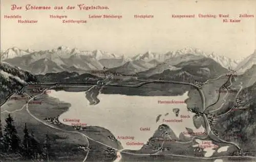 Ak Chieming am Chiemsee Oberbayern, Chiemsee aus der Vogelschau, Gstäd, Fraueninsel, Stock