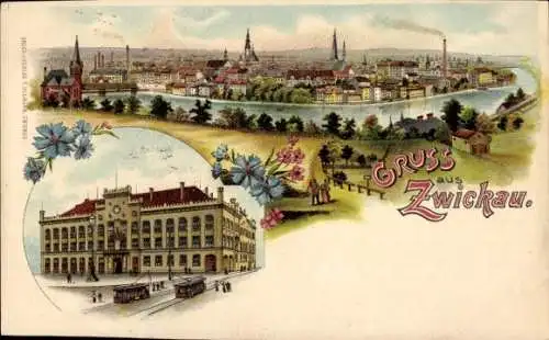 Litho Zwickau in Sachsen, Rathaus, Gesamtansicht