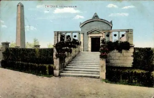 Ak Zwickau Sachsen,  Krematorium, Treppe, Obelisk