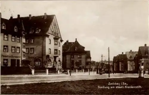 Ak Zwickau in Sachsen, Siedlung am staatl. Krankenstift, Litfaßsäule