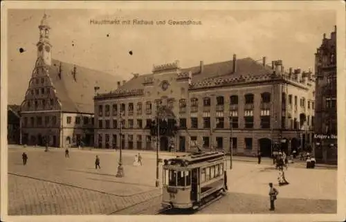 Ak Zwickau in Sachsen, Hauptmarkt mit Rathaus und Gewandhaus, Straßenbahn