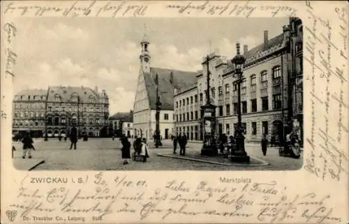 Ak Zwickau in Sachsen, Der Marktplatz mit Passanten, Litfaßsäule