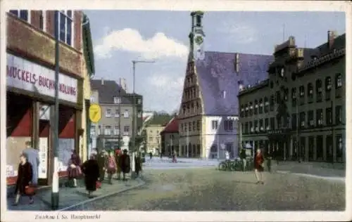 Ak Zwickau in Sachsen, Hauptmarkt, Passanten, Möckels Buchhandlung