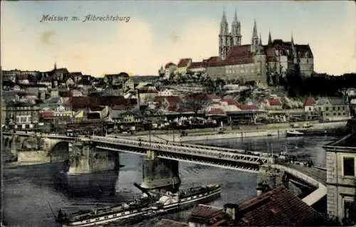 Ak Meißen an der Elbe, Teilansicht, Brücke, Albrechtsburg