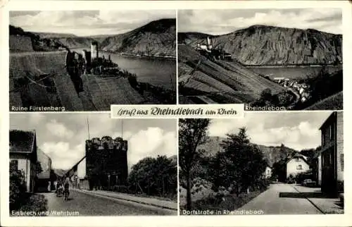 Ak Rheindiebach Oberdiebach am Rhein, Ruine Fürstenberg, Dorfstraße, Wehrturm, Eisbrech