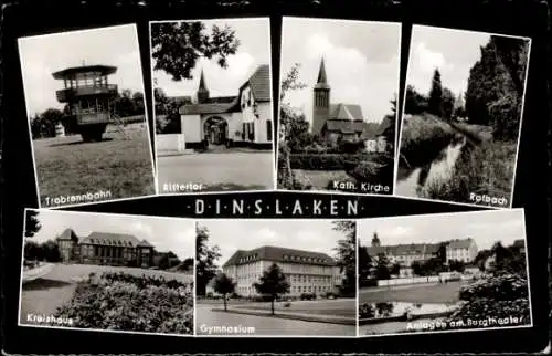 Ak Dinslaken, Trabrennbahn, Rittertor, Kreishaus, Gymnasium, Kirche